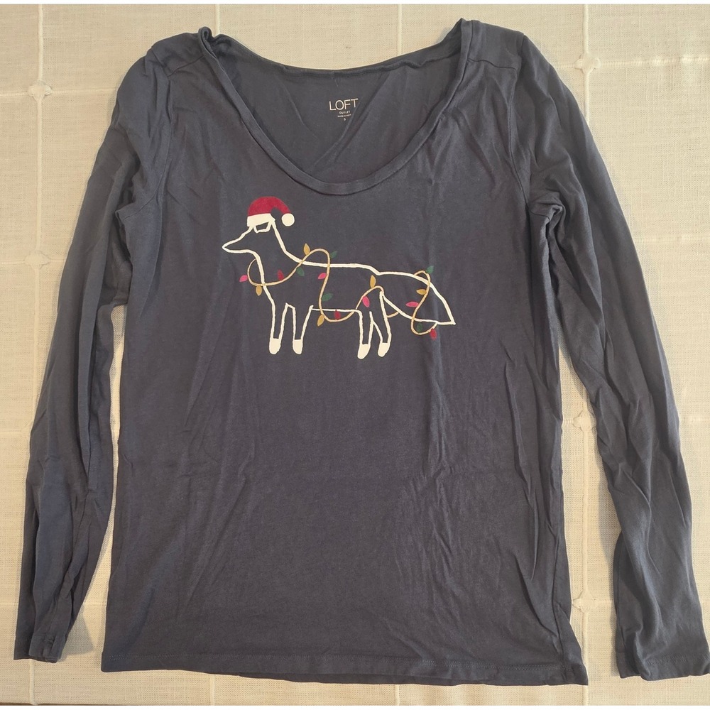 Loft Outlet Womens Gray Christmas Fox Graphic Long Sleeve Scoop Neck Tee Small